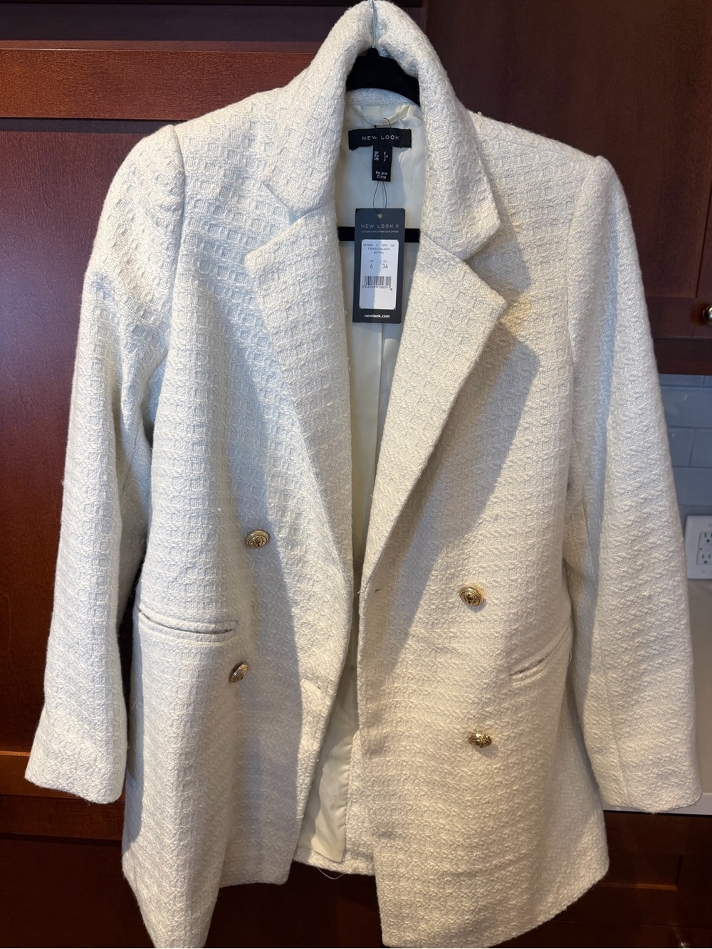 New Look Cream Double-Breasted Textured Blazer